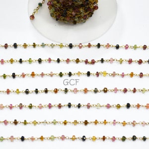 Multi Tourmaline Rondelle Shape Rosary Beaded Chain , Multi Tourmaline Faceted Wire Wrapped Chain ,  3 - 3.50 mm , RB-5959