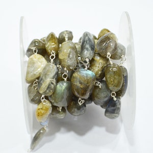 Natural Raw Organic Labradorite Smooth Rosary Beaded Chain , Labradorite Nuggets Shape Wire Wrapped Chain , 8 - 14 mm ,RB-6005