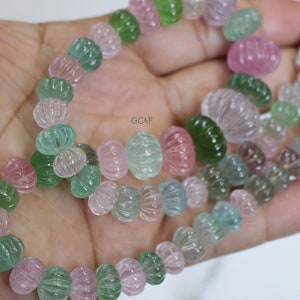 405 ct Natural Multi Afgan Tourmaline Carved Melon Beads , Multi Tourmaline Carved Pumpkin Briolettes , 16 Inch necklace , 9 - 18 mm , SU500