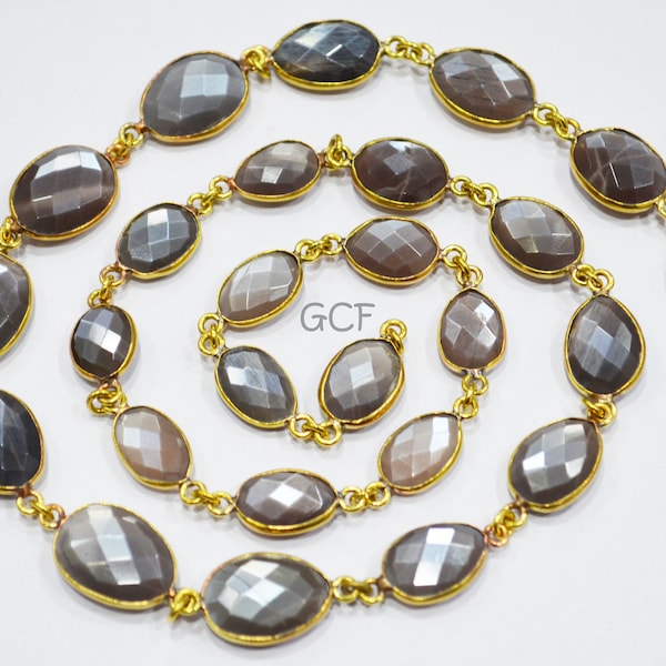 Chocolate Moonstone Faceted Free Form Shape Connector Chain , Chocolate Moonstone Slice Shape Bezel Link Chain , 10 - 14 mm , RB-5363