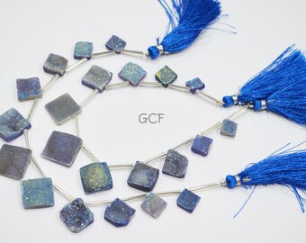 11 Pieces In A Strand Titanium Blue Druzy Square Shape Beads , Blue Druzy Square Shape Briolettes , Sold By Strand , 10x10 - 22x22 mm ,31103