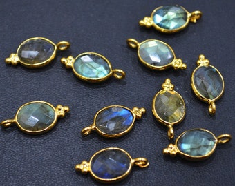 Flashy Labradorite Faceted Oval Shape Single Bail Connector With 1 Gm Gold Plating Charm ,Sold By Piece  ,Ready Component ,9x10 mm , RB-6790