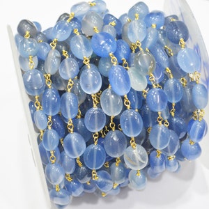 Blauer Chalcedon Glatte Ovale Nuggets Rosenkranz Perlenkette , Blauer Chalcedon Draht Gewickelt Kette , 8x9 - 10x12 mm , 6810