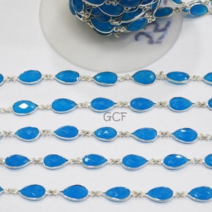 Azure Blue Hydro Quartz Faceted Pear Shape Connector Chain , Azure Blue Hydro Glass Pear  Shape Bezel Link Chain , 9x14 mm , RB-5543