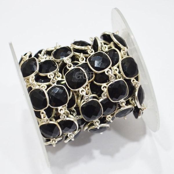 Black Onyx Faceted Cushion Shape Connector Chain , Black Onyx Cushion Shape Bezel Link Chain , 11 mm , RB-5532
