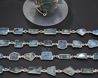 Moss Aquamarine Faceted Fancy Cut Shape Connector Chain , Aquamarine Fancy Cut Shape Bezel Link Chain ,  11 - 15 mm , RB-6292