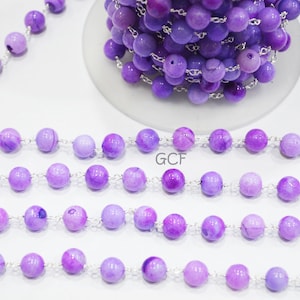 Lavender Opal Smooth Round Shape Rosary Beaded Chain , Lavender Opal Round Shape Wire Wrapped Chain ,  8 - 9 mm , 6760