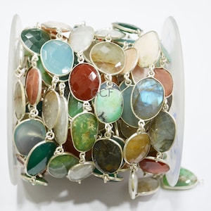 Multi Semi Precious Slice Shape Faceted Connector Chain , Multi Semi Precious Gemstone Bezel Link Chain , 15 - 21 mm , RB-5471