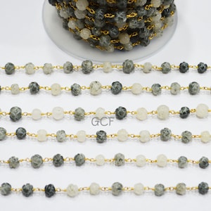 Black Rutile Carved Flower Shape Rosary Beaded Chain , Black Rutile Carved Flower Wire Wrapped Chain ,  6 - 6.50 mm , RB-5362