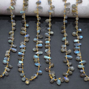 Labradorite Faceted Tear Drops Shape Rosary Beaded Chain , Labradorite Faceted Tear Drops Shape Wire Wrapped Chain , 4x6 - 5x8 mm , RB-5314