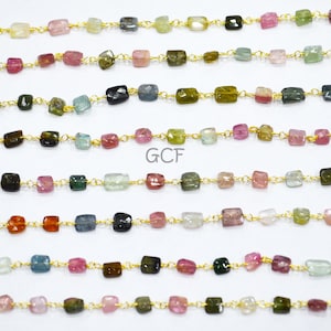 Multi Tourmaline Faceted Uneven Square Shape Rosary Beaded Chain , Multi Tourmaline Wire Wrapped Chain , Sold By Foot , 4 - 6 mm , RB-7119