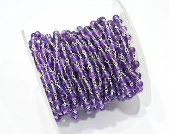 Amethyst Smooth Round Shape Rosary Beaded Chain , Amethyst Round Shape Wire Wrapped Chain , 4 - 4.50 mm , RB-5263