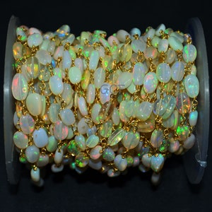 Ethiopian Opal Smooth Oval Nuggets Rosary Beaded Chain , Ethiopian Opal Wire Wrapped Chain ,  4x5 - 5x7 mm , 6768