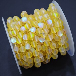 Yellow Doublet Hydro Glass Smooth Rosary Beaded Chain , Yellow Doublet Hydro Glass Round Shape Wire Wrapped Chain ,  8 mm , RB-7115