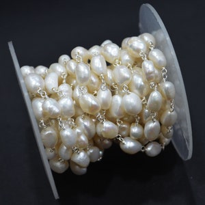 Natural Organic Easter Pearl Smooth Nuggets Shape Rosary Beaded Chain , Organic Pearl Wire Wrapped Chain ,  8 - 10 mm ,RB-6363
