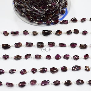 Natural Raw Organic Rhodolite Garnet Smooth Nuggets Shape Rosary Chain ,Rhodolite Garnet Wire Wrapped Chain ,4 - 7 mm ,RB-6011