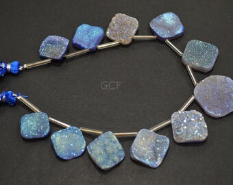 11 Pieces In A Strand Titanium Blue Druzy Square Shape Beads , Blue Druzy Square Shape Briolettes , Sold By Strand , 13x13 - 25x25 mm ,31101