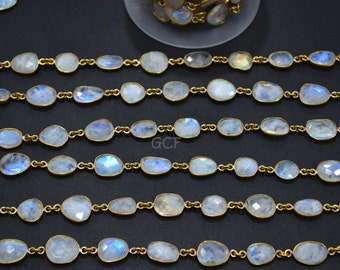 Rainbow Moonstone Faceted Slice Shape Connector Chain , Rainbow Moonstone Free Form Shape Bezel Link Chain , 9 - 13 mm , RB-5726