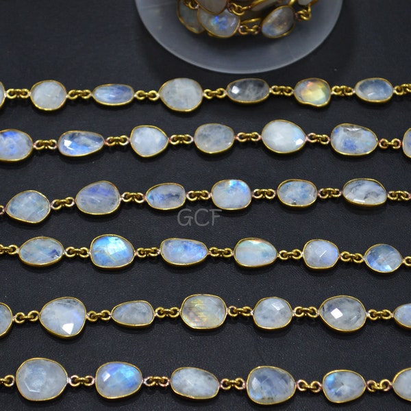 Rainbow Moonstone Faceted Slice Shape Connector Chain , Rainbow Moonstone Free Form Shape Bezel Link Chain , 9 - 13 mm , RB-5726