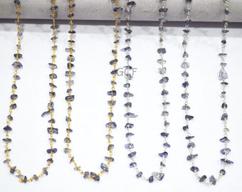 Iolite Organic Polished Irregular Flat Chips Rosary Beaded Chain , Iolite Smooth Wire Wrapped Chain ,  2 - 3 mm , RB-5900