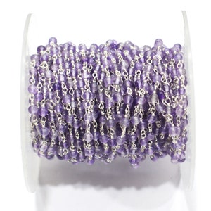 Pink Amethyst Smooth Round Shape Rosary Beaded Chain , Pink Amethyst Round Shape Wire Wrapped Chain ,  3 - 3.50 mm , RB-6400