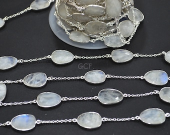 Rainbow Moonstone Slice Hand Made Connector Chain , Rainbow Moonstone Slice Shape Bezel Link Chain ,  15x18 - 17x20 mm , 6820