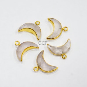 Rose Quartz Faceted Crescent Moon Shape Connector , Rose Quartz Single Bail Electroplated Charm , Sold By Piece , 18 mm , 18432