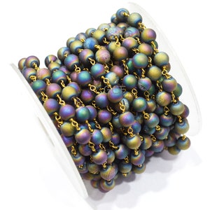 Peacock Color Druzy Matte Round Shape Rosary Beaded Chain , Peacock Color Druzy Wire Wrapped Chain ,  5.50 - 6 mm , RB-5945