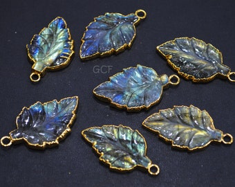Flashy Labradorite Carved Leaf Electroplated Connector Charm, Sold By Piece ,Ready Component Use To Make Jewelry , 22x32 - 24x35 mm , 30355