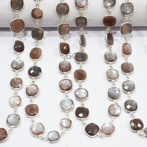 Chocolate Moonstone Faceted Cushion Shape Connector Chain , Chocolate Moonstone Bezel Link Chain ,  10 - 12 mm , RB-5854