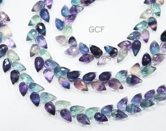 Multi Fluorite Diagonal Drill Tear Drops Shape Beads , Multi Fluorite Faceted Briolettes , Sold By Strand , 7.5 Inches ,6x9 - 7x10 mm ,31278