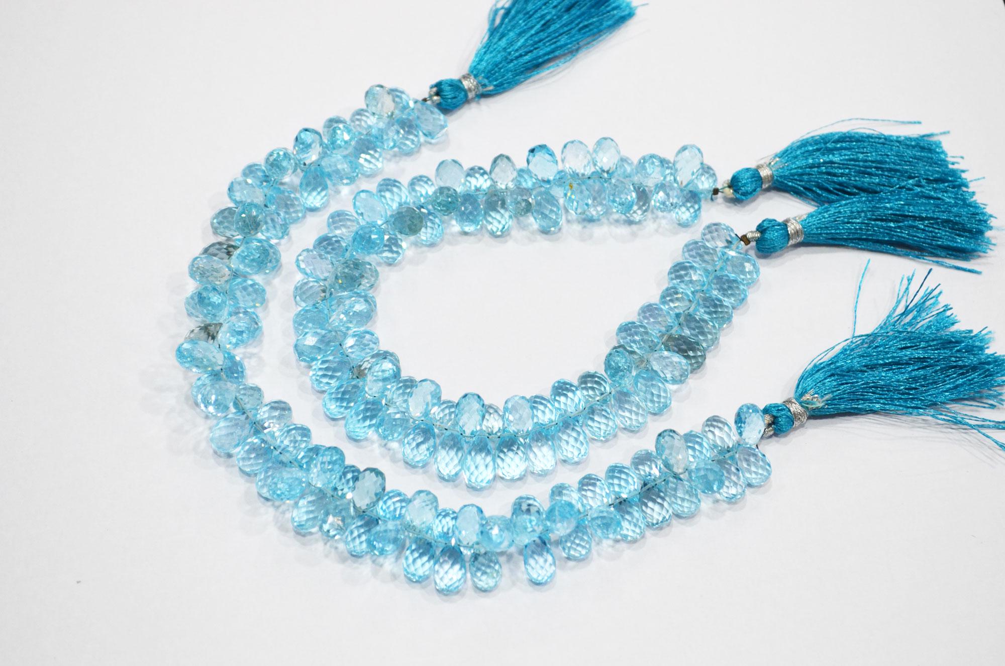 7 Inches Strand, Natural Sky Blue Topaz Faceted Drops Shape Briolettes, 9.5-10mm Approx. - UK