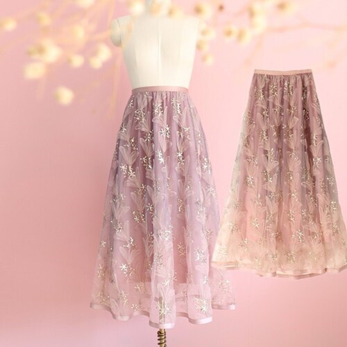 Gradient Pink Long Tulle Skirt,A-line Sequina Bridal Shower Skirt,Dating Skirt,Asymmetric Engagement Dress,Bridal Skirt,Valentine's Day Gift