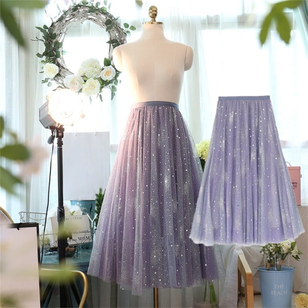 Glitter Purple Tulle Skirt,High Wait Shining Midi Skirt For Girls,Starry Purple Skirt Tutu,Holiday Dress For Girls,Fashion Women Midi Skirt