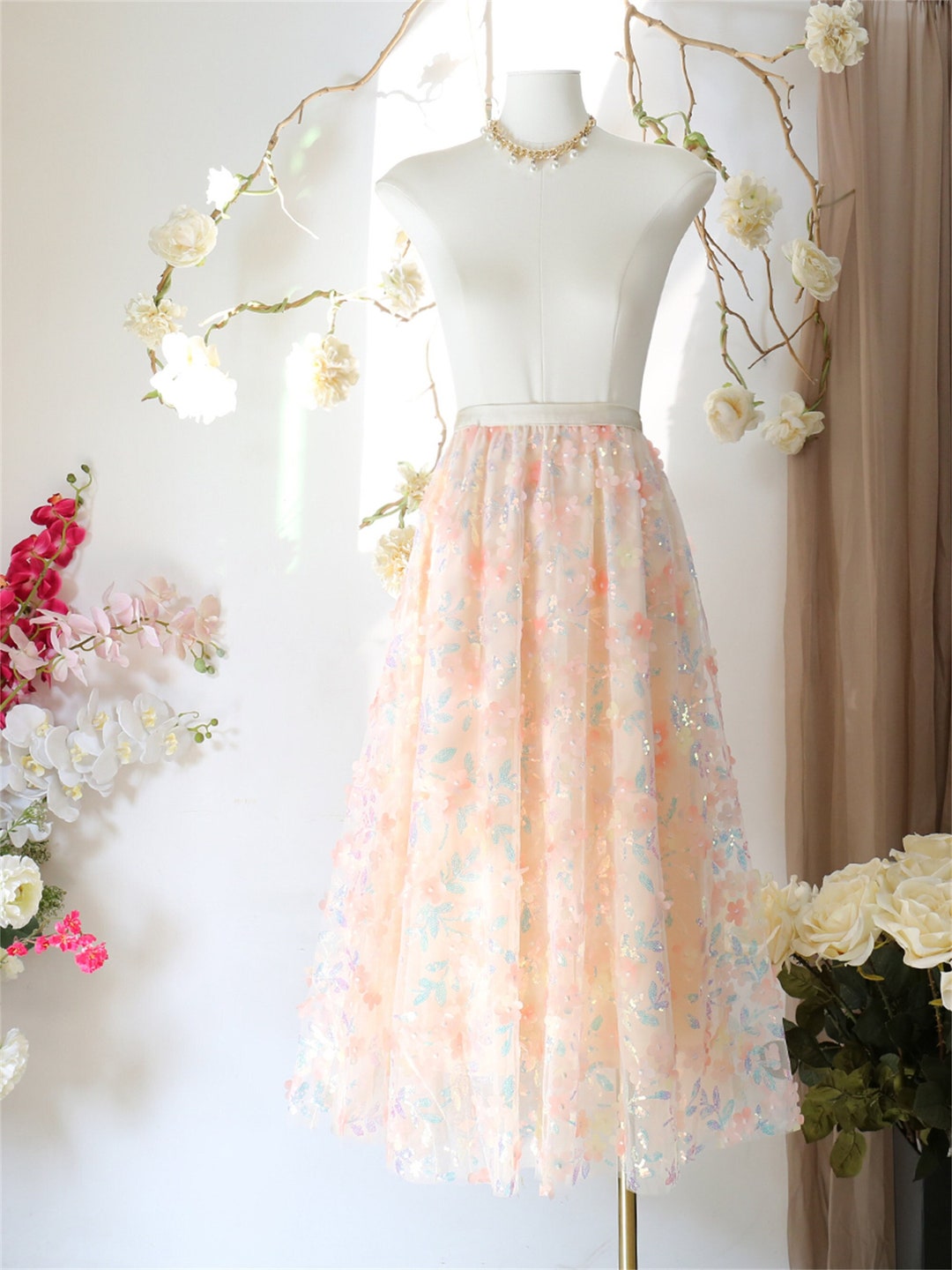 Light Pink Skirt Girls Skirt Sequins Skirt Flower Skirt Etsy