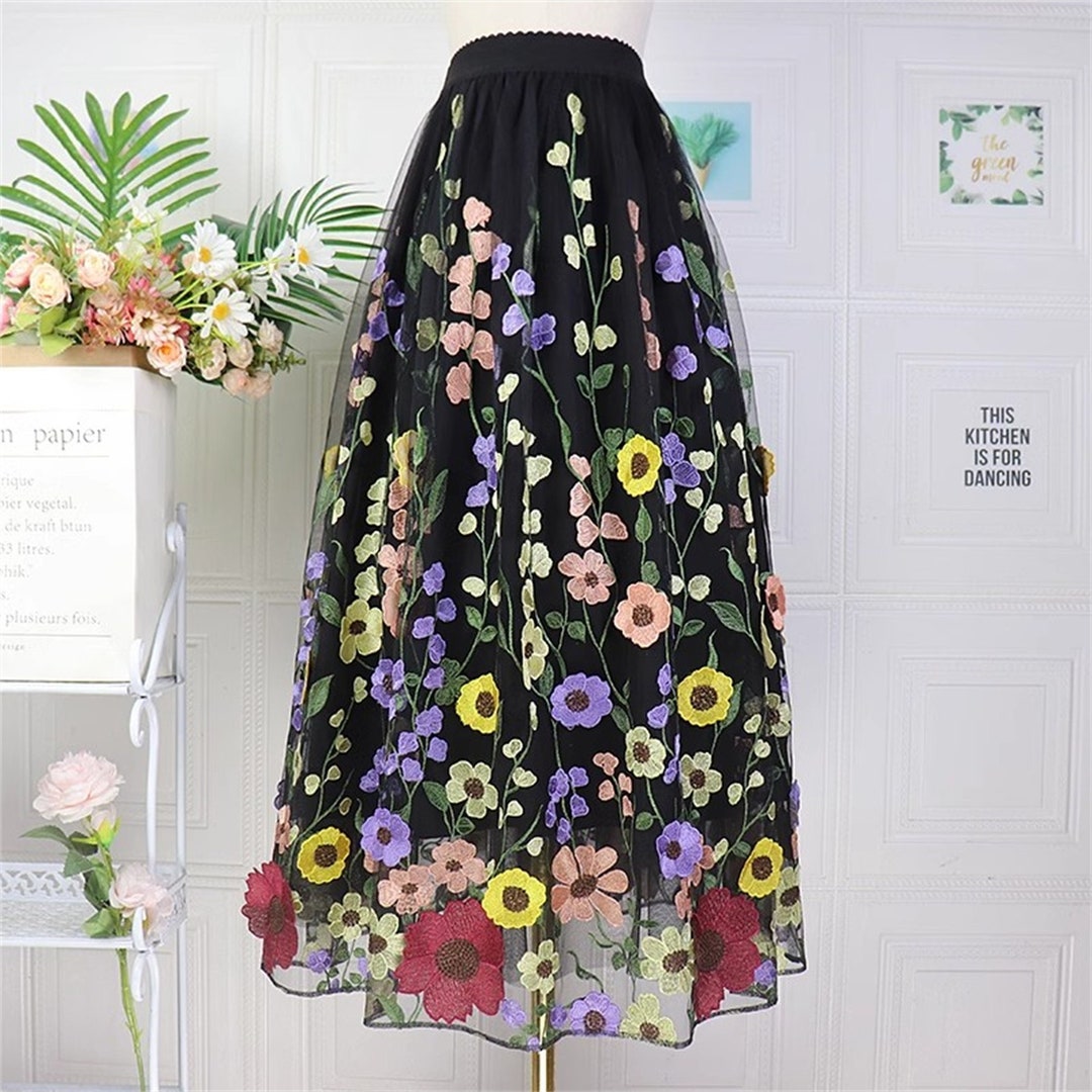Floral Embroidery Skirt, Black Tulle Skirt, Elastic Waistband Mesh Skirt, Black Midi Skirt