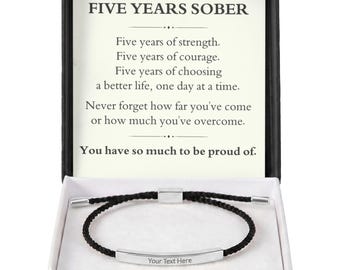 5 Years Sober Bracelet, Personalized Sobriety Gift, Engraved Recovery Jewelry, Fifth Sobriety Anniversary Keepsake