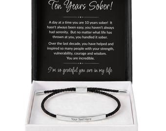 10 Years Sober Bracelet, Custom Engraved Recovery Gift, Personalized Sobriety Jewelry, Tenth Anniversary Bracelet