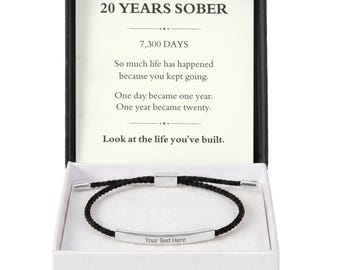 20 Years Sober Bracelet, Personalized Recovery Bracelet, Custom Engraved 20th Sobriety Anniversary Gift