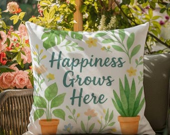 Aquí crece la felicidad, cojín de jardín para exteriores, cojín decorativo para jardín, cojín para patio, decoración con ambiente de jardín, cojín impermeable para jardineros, floral