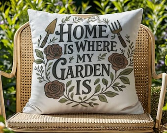 Mi hogar es donde está mi jardín, cojín de jardín para exteriores, cojín decorativo para jardín, cojín para patio, cojín para jardinero, estilo Garden Vibes, floral