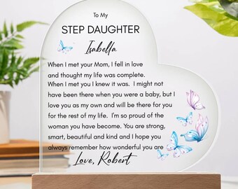 Personalized Step Daughter Gift from Stepdad, Heart Acrylic Plaque with LED Base