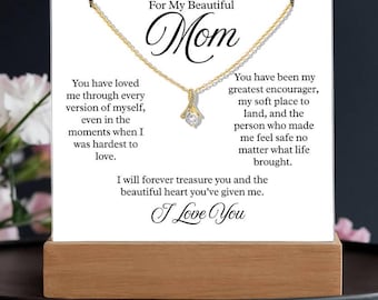 Para mi hermosa mamá: placa acrílica iluminada y collar, regalo para el Día de la Madre, letrero conmemorativo con luz LED, joyería para mamá, de hija o hijo.