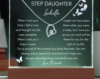 Personalized Stepdaughter Gift Necklace and LED Acrylic Plaque, Sentimental Keepsake from Stepmom