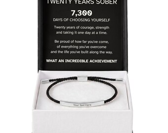 20 Year Sobriety Gift Bracelet, Personalized Engraved Recovery Jewelry, Twenty Years Sober Anniversary Keepsake