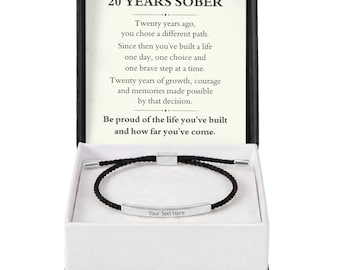 20 Year Sobriety Bracelet, Personalized Recovery Bracelet, 20 Years Sober Gift, Custom Engraved Bracelet, Sobriety Anniversary Gift