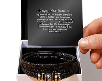 May include: A black leather bracelet with a silver and gold bead charm. The bracelet is in a white box with a black card that reads "Happy 16th Birthday! My wish for you on this 16th birthday of yours, is that joy and happiness accompany you in everything that you do. Be adventurous and overcome all challenges that life throws at you. You have bought so much joy to my life, I love you and I'm so proud of you."