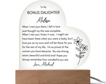 Personalized Bonus Daughter Gift from Stepdad, Heart Acrylic Plaque with LED Base
