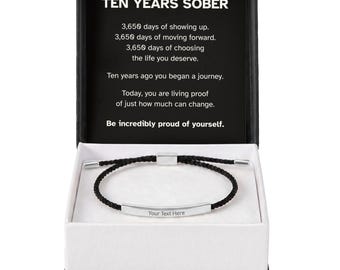 Ten Year Sobriety Anniversary Bracelet, Personalized 10 Years Sober Gift, Custom Engraved Recovery Keepsake