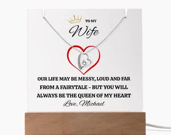 Personalized Wife Gift Necklace and LED Acrylic Plaque, Queen of My Heart Anniversary Gift, Romantic Keepsake for Wife